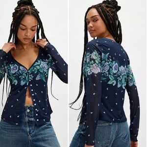 Free people Floral Navy Home Grown  Button-Up Top